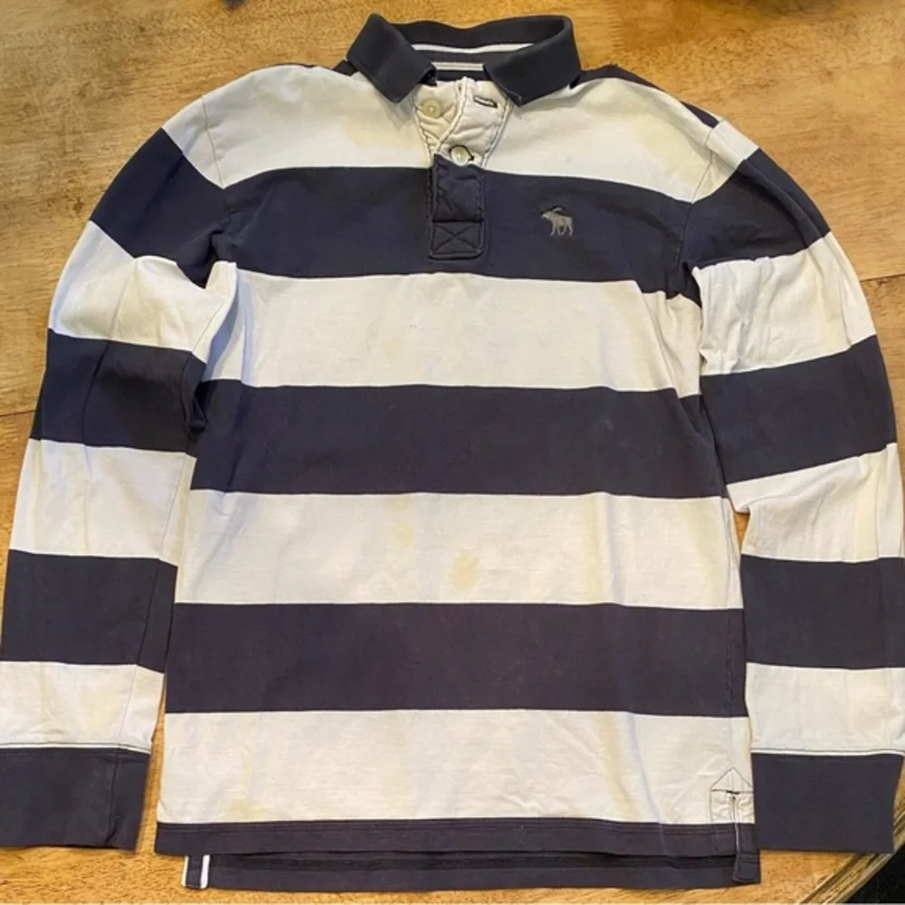 Abercrombie Boy’s Medium Navy/White Wide‎ Stripe 100% Cotton Rugby Pullover